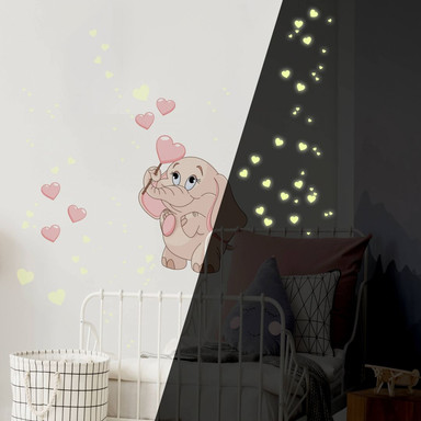 Wandsticker Elefantenbaby mit Herzen (rosa) + Leuchtsticker