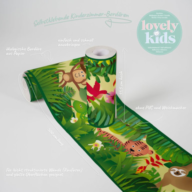 Lovely Kids selbstklebende Kinderzimmer Bordüre Jungle Friends mit süssen Dschungel-Tieren