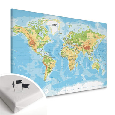 Leinwandbild mit Korkrückwand - Topografische Weltkarte