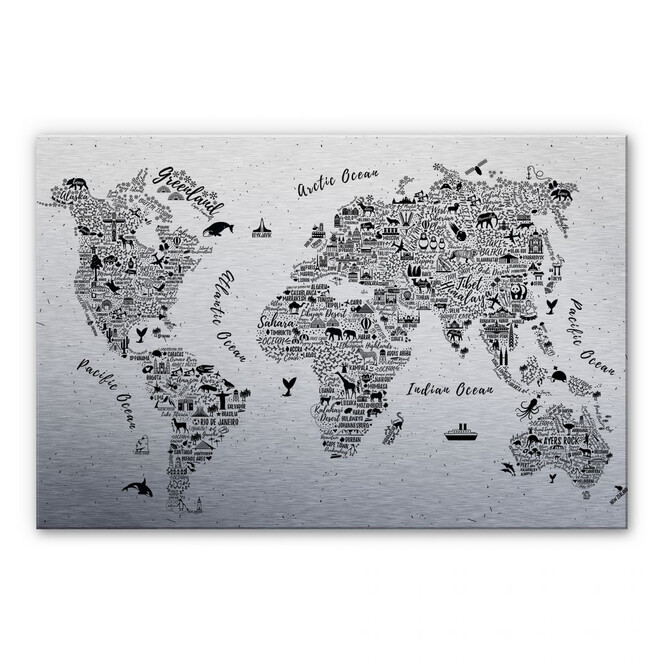 Alu-Dibond Bild mit Silbereffekt Weltkarte - Around the world