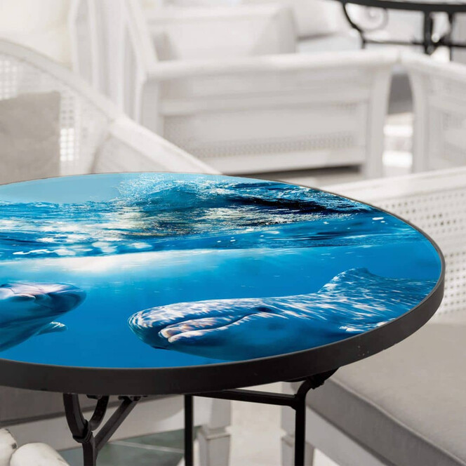 Tischplatte aus Glas - Dolphins Underwater - Rund