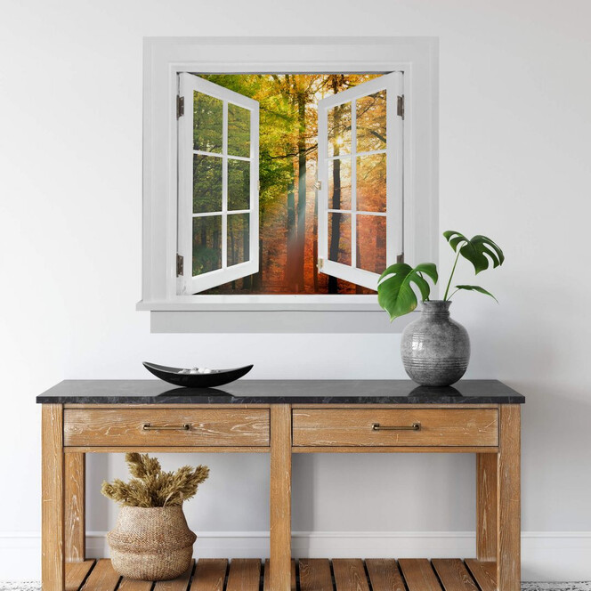 3D Wandtattoo Fenster quadratisch - Goldener Herbst