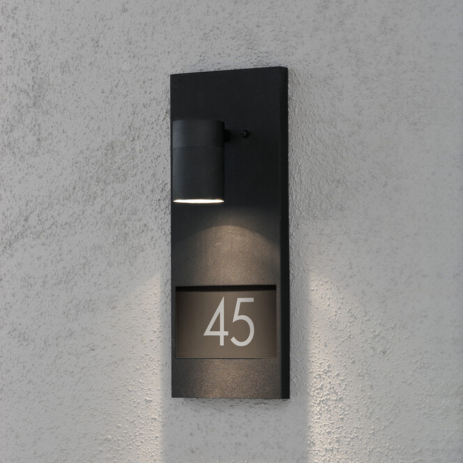 Stilvolle Wandleuchte Modena mit Hausnummer aus Aluminium in schwarz und Glas in klar, GU10 Fassung - Bild 1