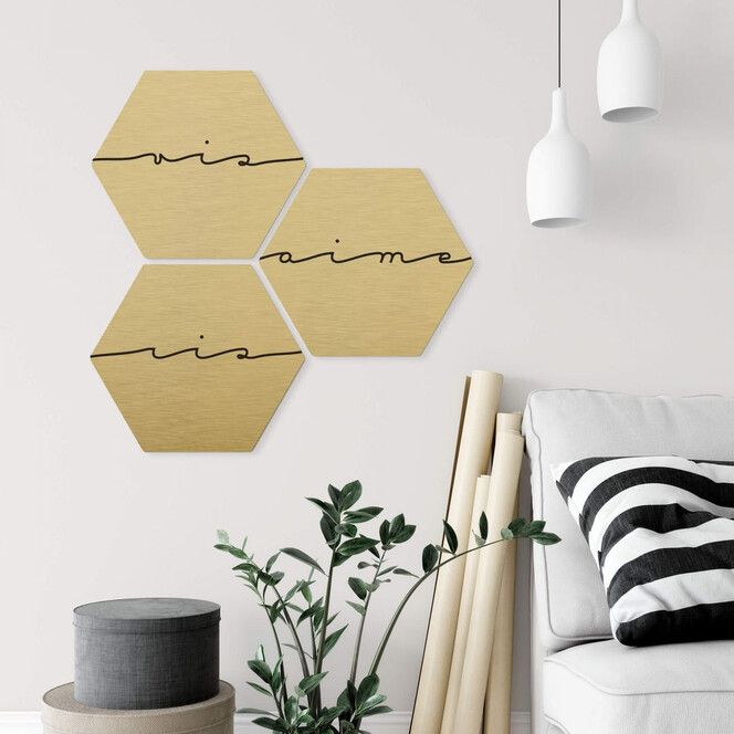Hexagon - Alu-Dibond-Goldeffekt - Vis ris aime (3er Set)
