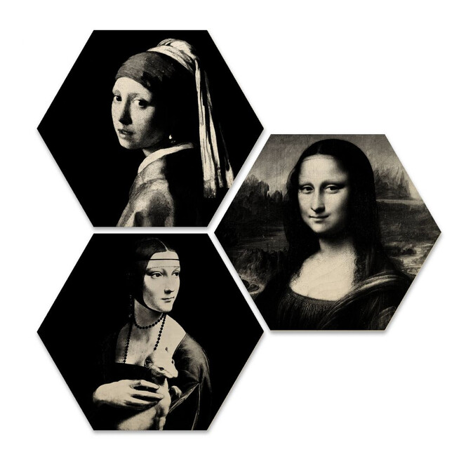 Hexagon - Holz Birke-Furnier - Berühmte Frauen der Kunstgeschichte (3er Set)