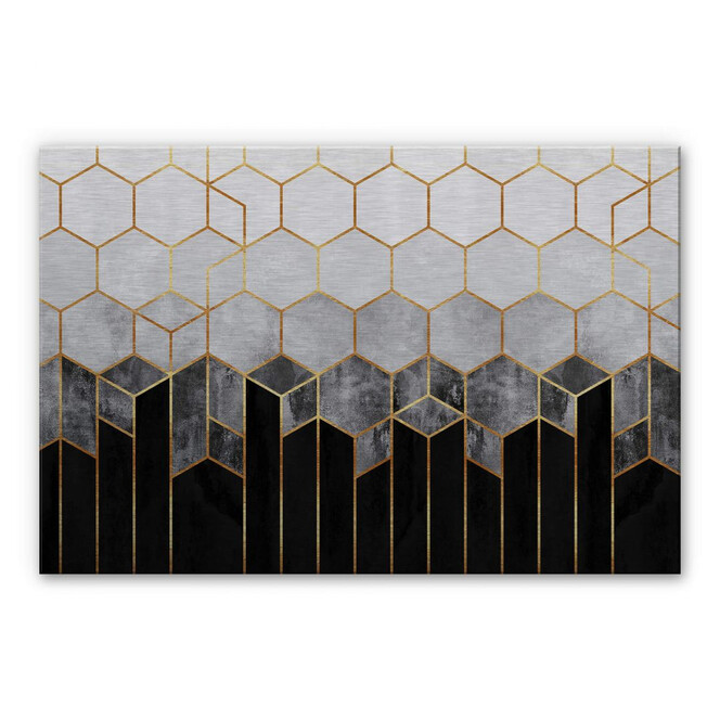 Alu-Dibond Bild mit Silbereffekt Fredriksson - Hexagone: Schwarz und Grau