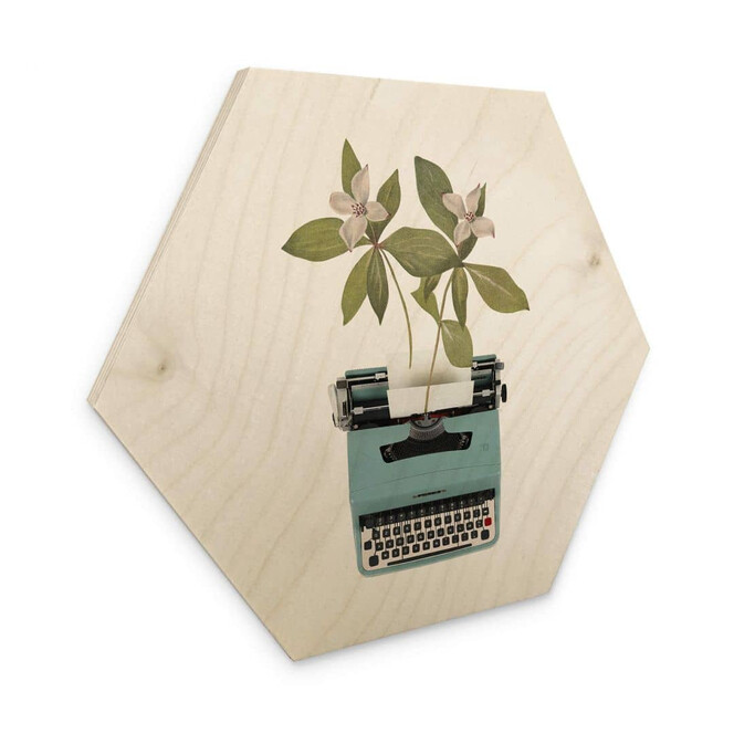 Wandbild Frida Floral Studio - Botanische Schreibmaschine - Hexagon Holz