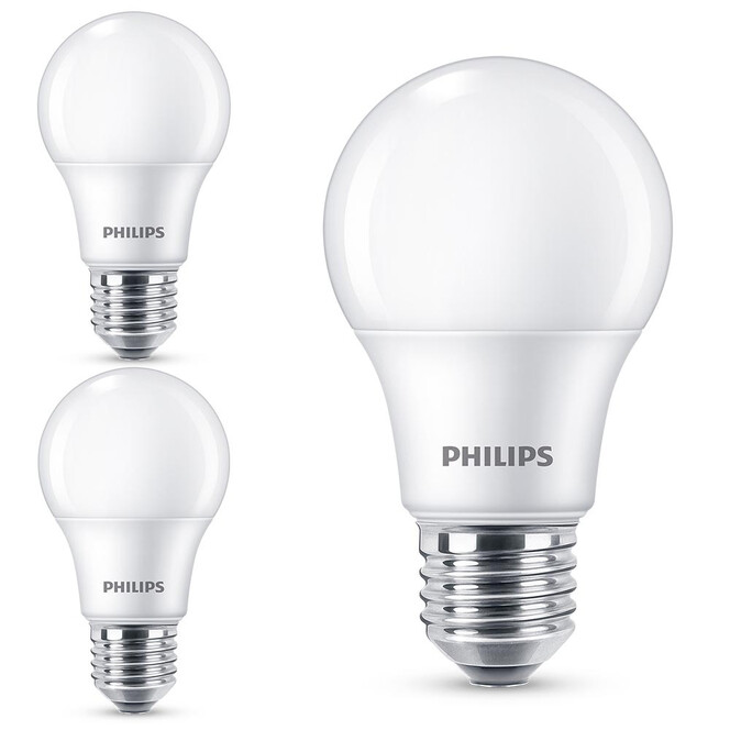 Philips LED Lampe ersetzt 60W, E27 Standardform A60. weiss, warmweiss, 806 Lumen, nicht dimmbar, 3er Pack Energieklasse A&