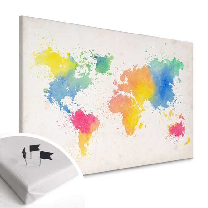 Leinwandbild mit Korkrückwand - Weltkarte - Watercolour