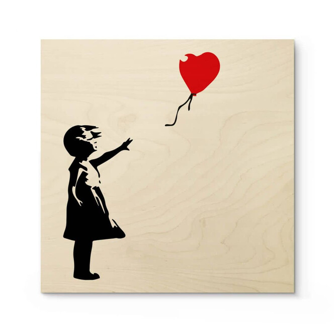 Holzposter Banksy - Girl with the red balloon - Quadratisch