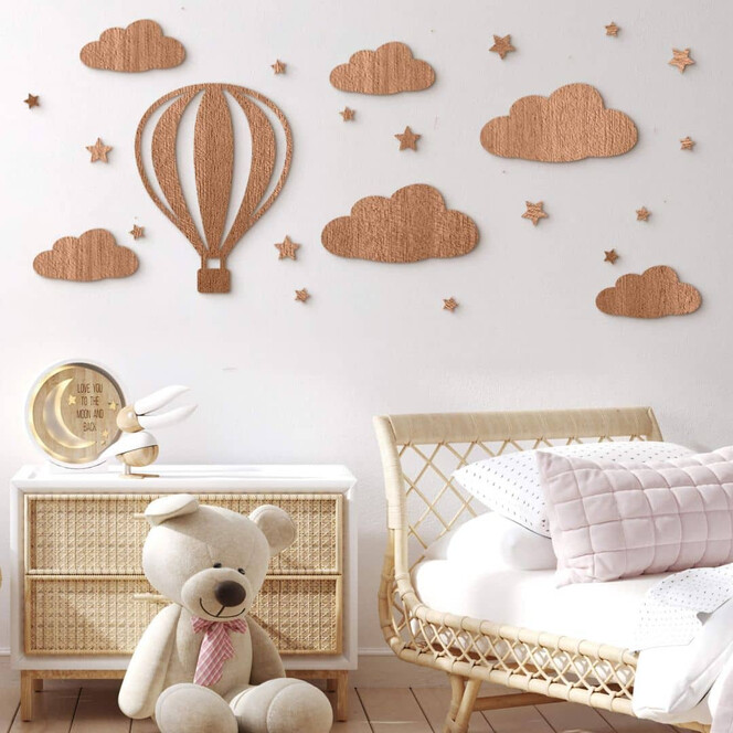 Kinderzimmer Holzdeko Heissluftballon mit Wolken und Sternen Set - Mahagoniholz