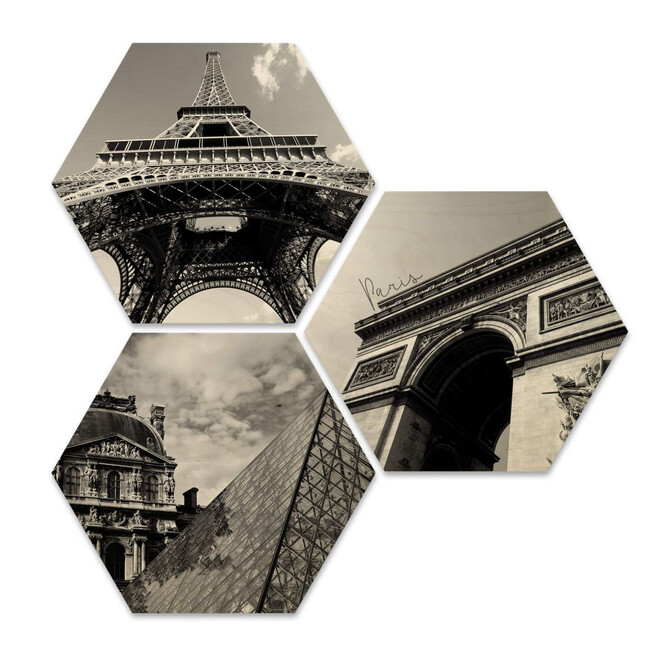 Hexagon - Holz Birke-Furnier - Impression of Paris (3er Set)