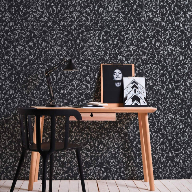 Architects Paper Textiltapete Metallic Silk Barocktapete mit Ornamenten schwarz, metallic