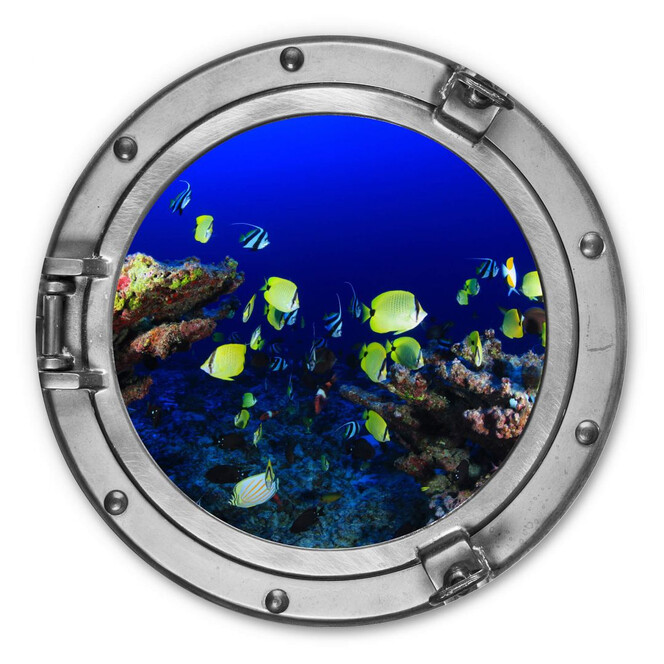 Alu-Dibond 3D-Optik Bullauge - Bunte Unterwasserwelt - neongelbe Fische - Rund