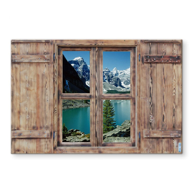 Glasbild 3D Holzfenster - Bergsee Idylle