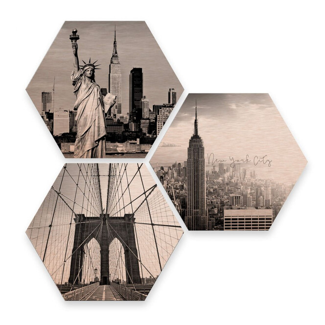 Hexagon - Alu-Dibond-Kupfereffekt - Impression of New York City (3er Set)