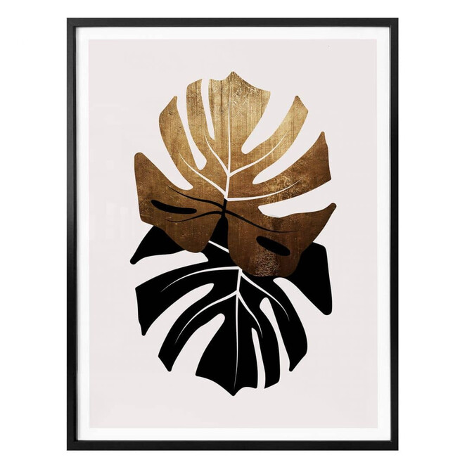 Poster Kubistika - Schwarz-goldene Monstera Blätter