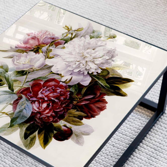 Tischplatte aus Glas - Redouté - Strauss von roten, lila und weissen Pfingstrosen - Quadratisch - 60x60cm - Bild 1