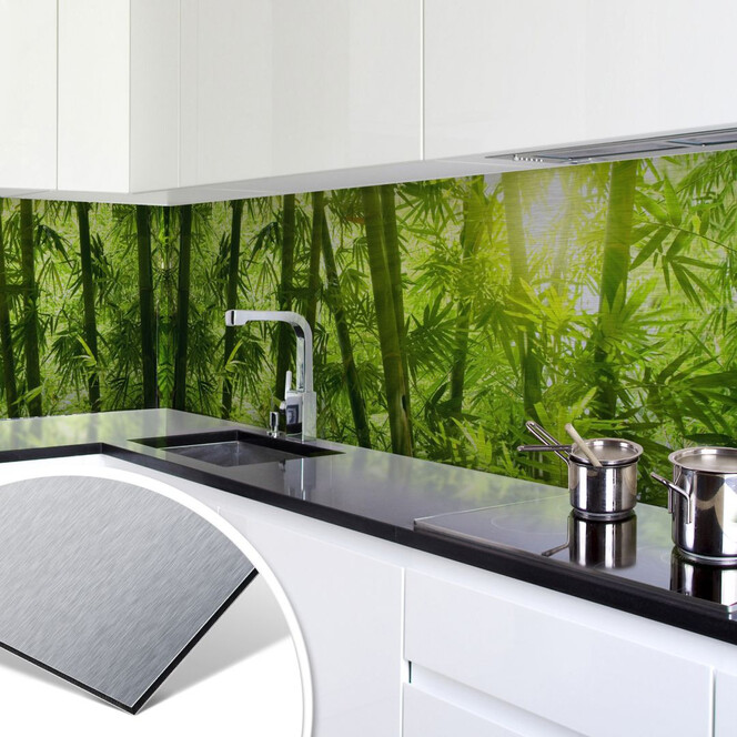 Küchenrückwand - Alu-Dibond-Silber - Sonnenschein im Bambuswald