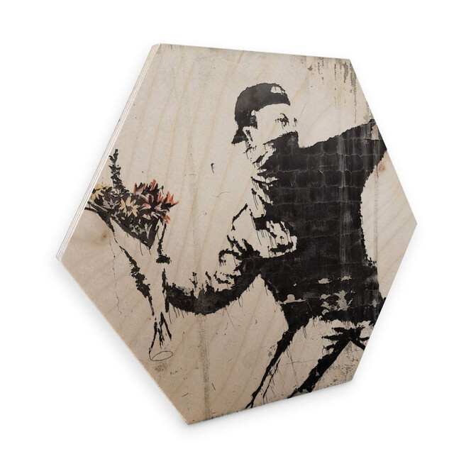 Hexagon - Holz Birke-Furnier Banksy - Der Blumenwerfer