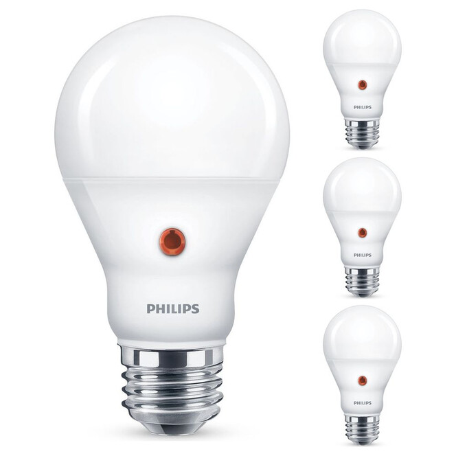 Philips LED Lampe mit Dämmerungssensor ersetzt 60W, E27 Standardform A60. warmweiss, 806 Lumen, nicht dimmbar, 4er Pack Energieklasse A&