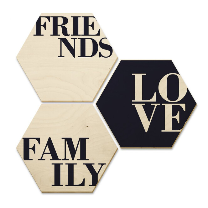 Hexagon - Holz Birke-Furnier - Love, Friends, Family (3er Set)
