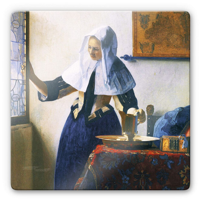 Glasbild Vermeer - Junge Frau mit Wasserkanne am Fenster - quadratisch