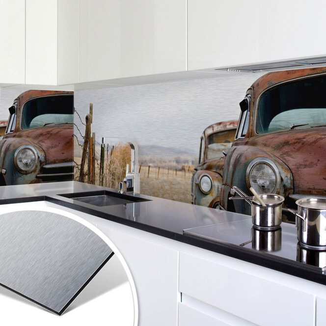 Küchenrückwand - Alu-Dibond-Silber - Old Rusted Cars