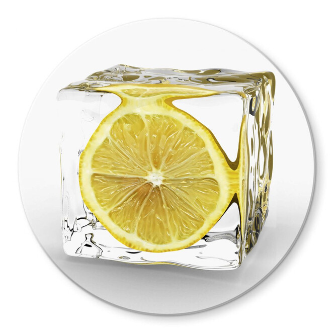Glasbild Zitroneneiswürfel rund