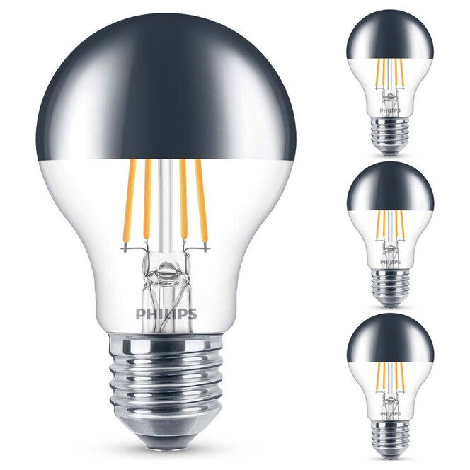 Philips LED Lampe ersetzt 50W, E27 Standardform A60. Kopfspiegel, warmweiss, 650 Lumen, dimmbar, 4er Pack Energieklasse A&