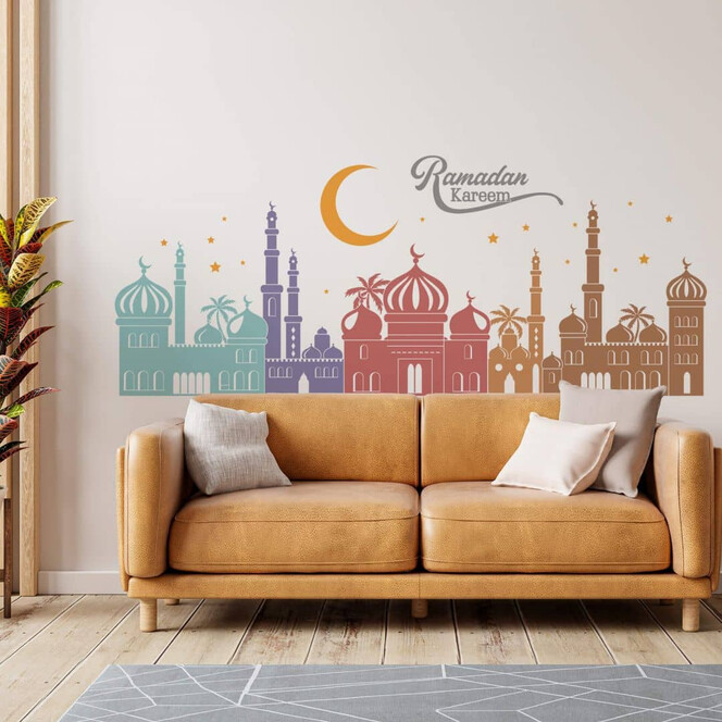 Wandtattoo Arabische Nacht Skyline mit Ramadan Schriftzug bunt