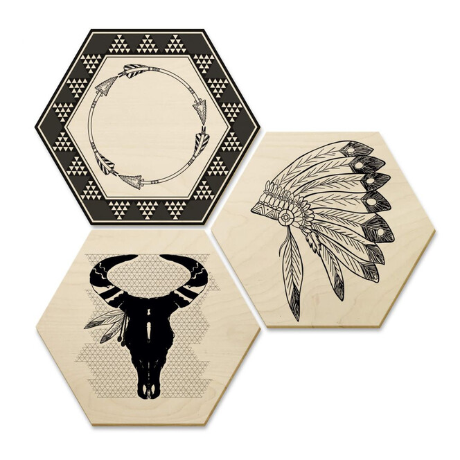 Hexagon - Holz Birke-Furnier - Ethnie-Indianer (3er Set)