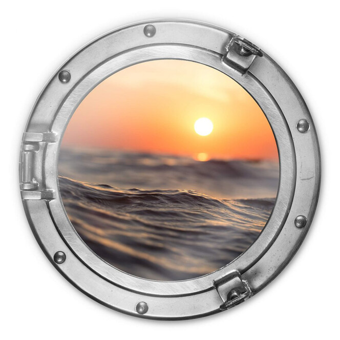 Glasbild rund 3D-Optik Bullauge - Sonnenuntergang auf dem Meer