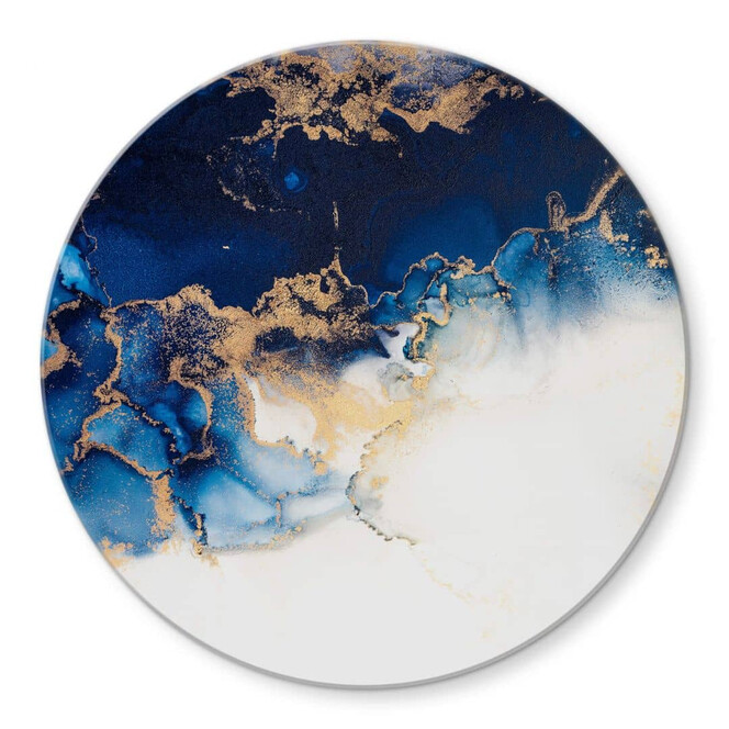 Glasbild Abstrakter Marmor mit Blau und Goldeffekt - Rund