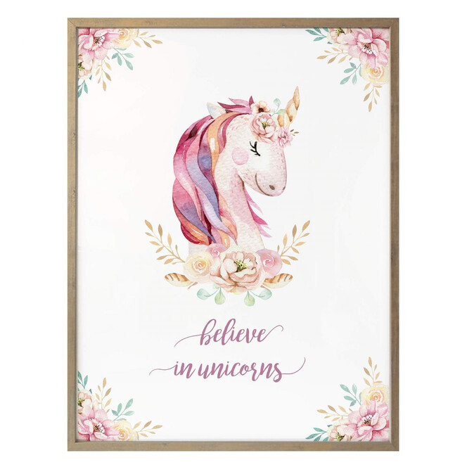 Poster Kvilis - Believe in Unicorns - Einhorn mit Blumen