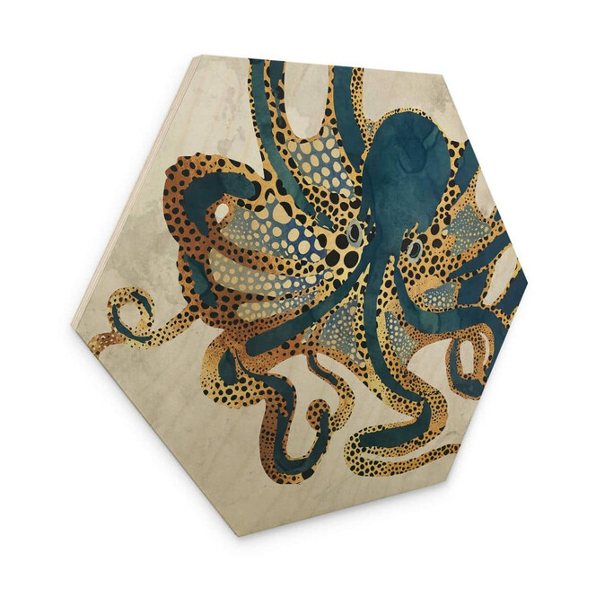 Hexagon Holzbild SpaceFrog Designs - Goldener Oktopus