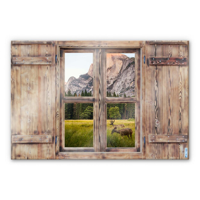 Glasbild 3D Holzfenster - Deers in the mountains