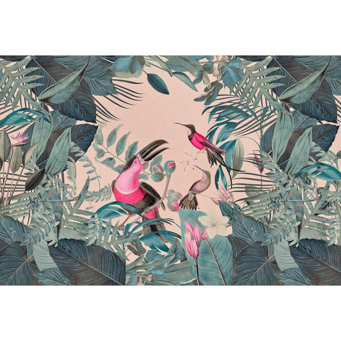 Livingwalls Fototapete ARTist Toucans Paradise mit Dschungel und Tukanen beige, grün, rosa - Bild 1