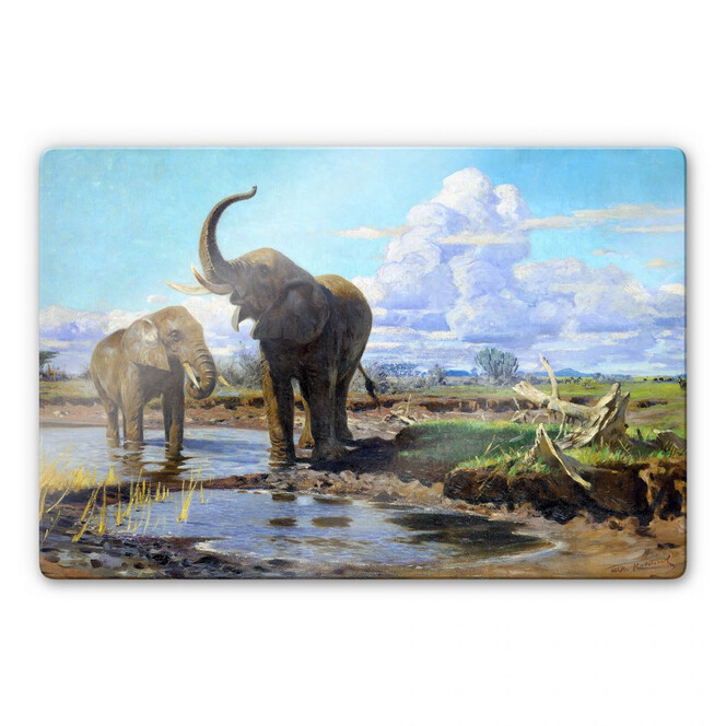 Glasbild Kuhnert - Elefanten an der Wasserstelle