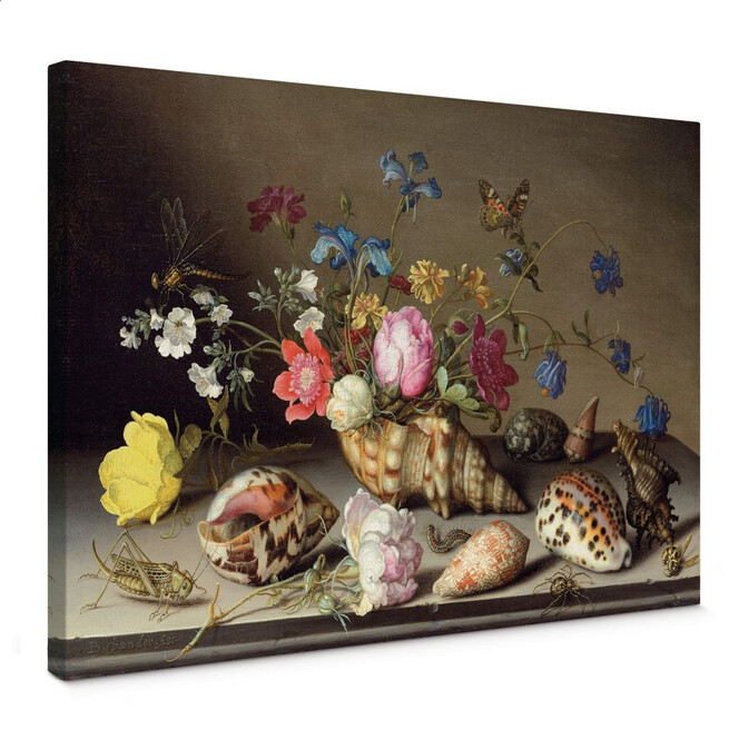 Leinwandbild Balthasar van der Ast - Blumen, Muscheln und Insekten auf einem Steingesims