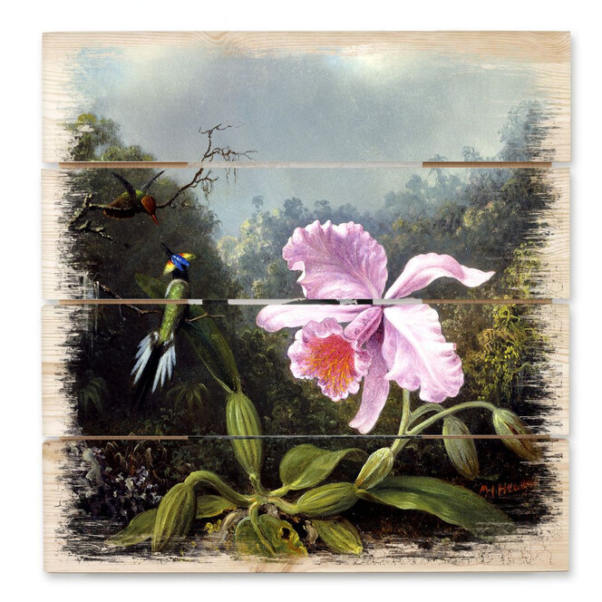 Holzbild Heade - Stillleben mit Orchidee und Kolibris