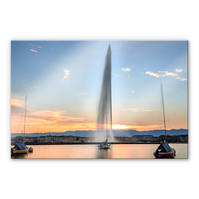 Acrylglasbild Wasserfontäne im Genfer Sonnenuntergang