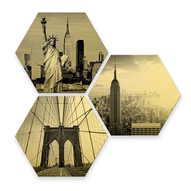Hexagon - Alu-Dibond-Goldeffekt - Impression of New York City (3er Set)