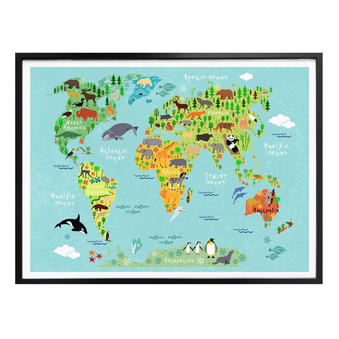 Poster Tierische Kinder Weltkarte