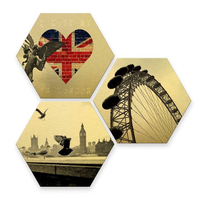 Hexagon - Alu-Dibond-Goldeffekt - Impression of London (3er Set)