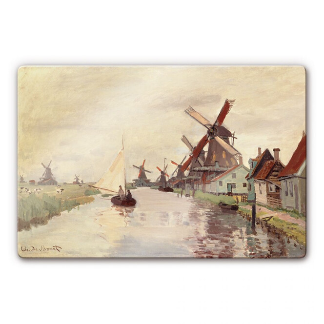 Glasbild Monet - Holländische Landschaft mit Windmühlen