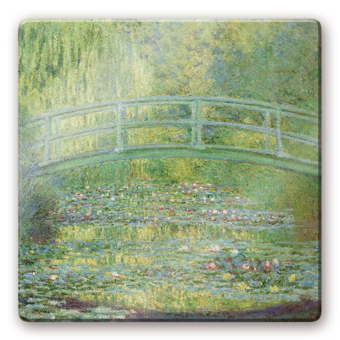 Glasbild Monet - Seerosenteich und japanische Brücke