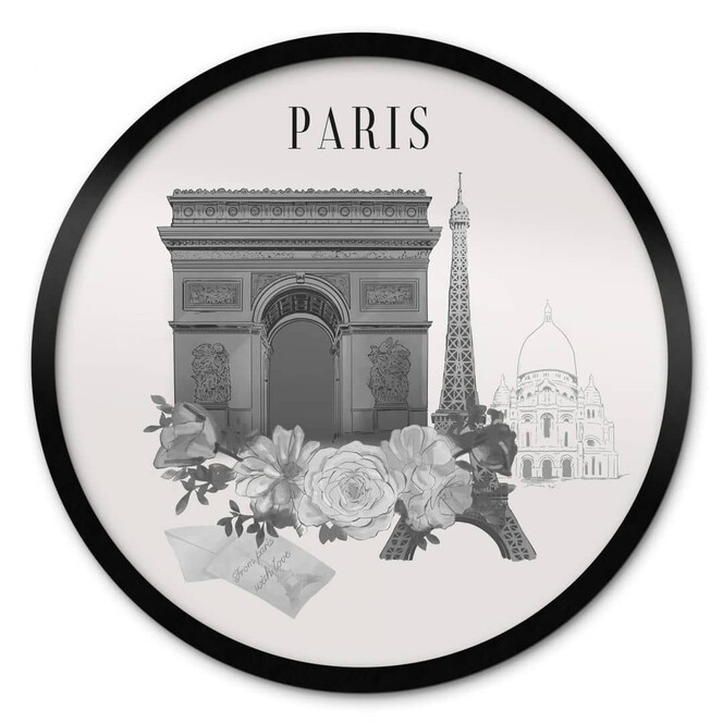 Love your City - Paris schwarz-weiss Poster Rund Zeichnung