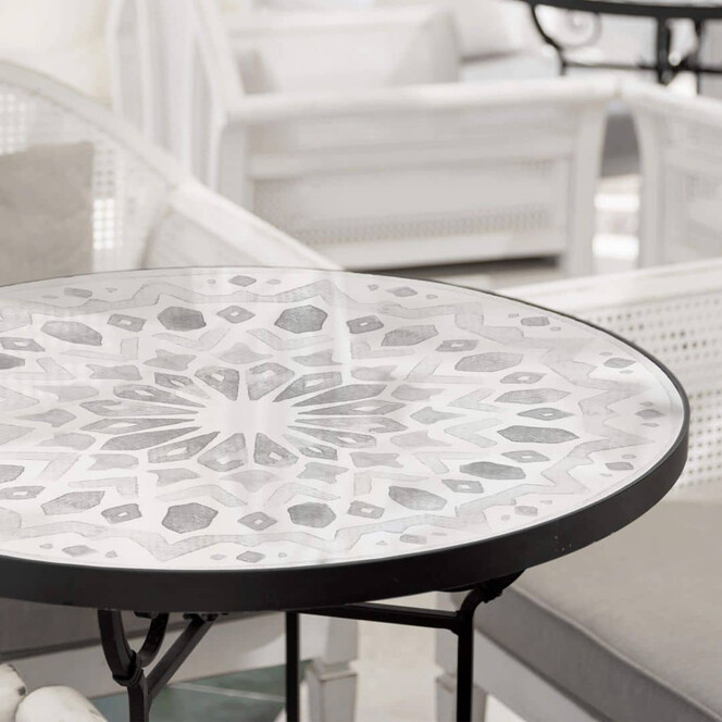 Tischplatte aus Glas - Marokkanisches Muster schwarz-weiss - Rund
