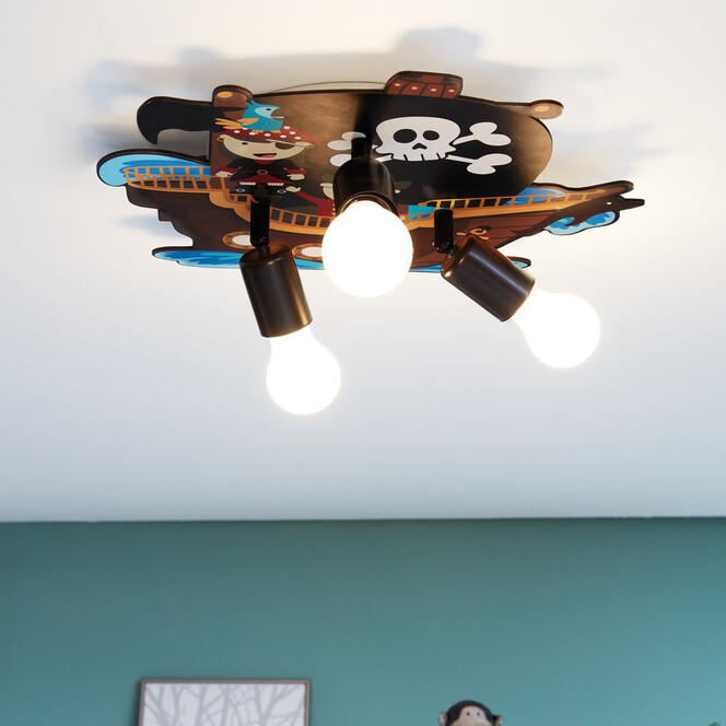 Kinderzimmer Deckenleuchte aus Holz und Stahl mit Piraten-Motiv 3xE27 - Bild 1